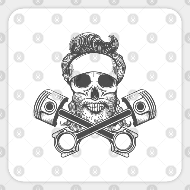 Biker Skull in Bandana and Two Motorcycle Pistons Sticker by devaleta